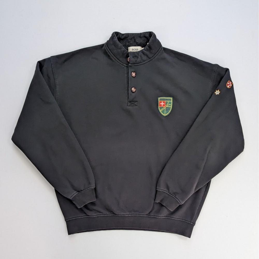 Hugo Boss XL Black Crest Patch Button Neck Sweatshirt